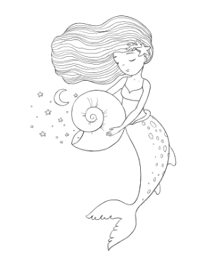 Free Download PDF Books, Mermaid Flowing Hair Star Fish Coloring Template