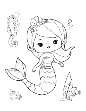 Free Download PDF Books, Mermaid Seahorse Fish Bubbles Coloring Template