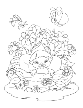 Free Download PDF Books, Cute Bird Hatching Nest Flowers Spring Coloring Template