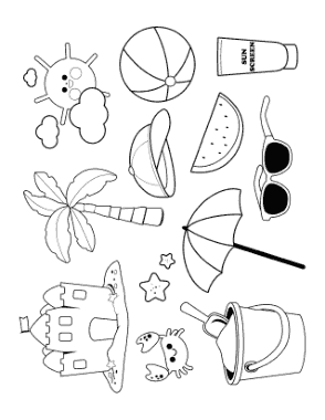 Free Download PDF Books, Beach Items Summer Coloring Template