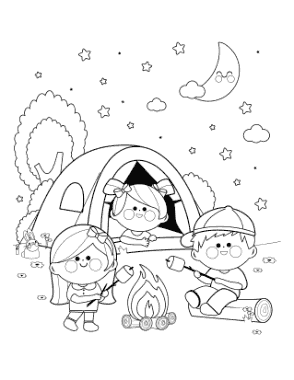 Free Download PDF Books, Children Camping Starry Night Marshmallows Summer Coloring Template