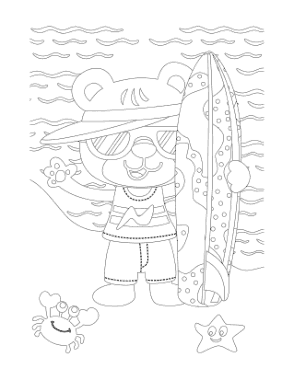 Free Download PDF Books, Cute Bear Surfboard Summer Coloring Template
