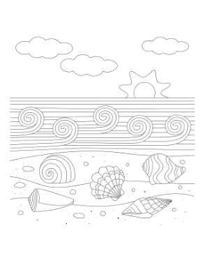 Free Download PDF Books, Waves Sea Shells Summer Coloring Template