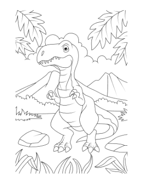 Free Download PDF Books, Cartoon Tyrannosaurus Mountains Ferns Dinosaur Coloring Template