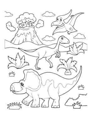 Free Download PDF Books, Prehistoric Dinosaur Scene Erupting Volcano Dinosaur Coloring Template