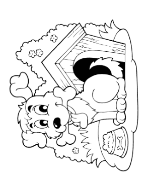 Free Download PDF Books, Cute Cartoon Puppy Kennel Food Bowl Dog Coloring Template
