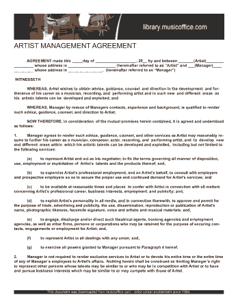 Free Download PDF Books, Artist Business Management Agreement Template