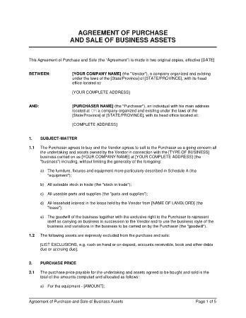 Free Download PDF Books, Agreement of Purchase and Sale of Business Asset Template