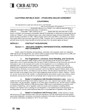 Free Download PDF Books, California Republic Bank Dealer Agreement Template
