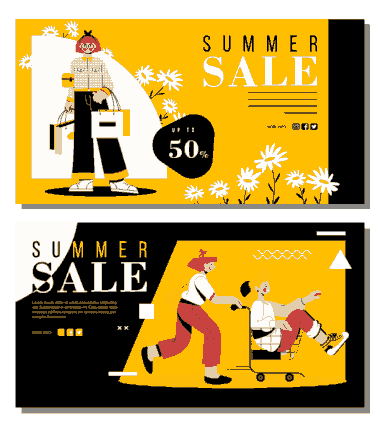 Free Download PDF Books, Summer Sale Banners Shoppers Sketch Colorful Cartoon Design Free Vector
