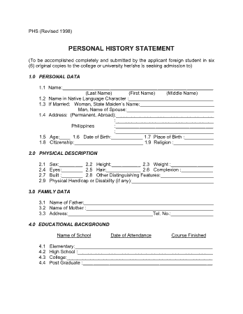 Free Download PDF Books, Personal History Statement Form Template