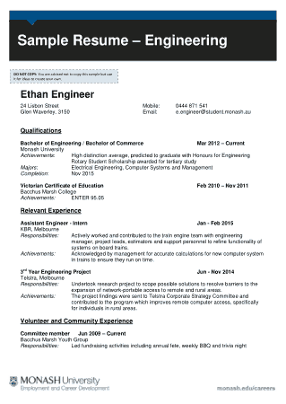 Free Download PDF Books, Engineering Student Resume for Job Template