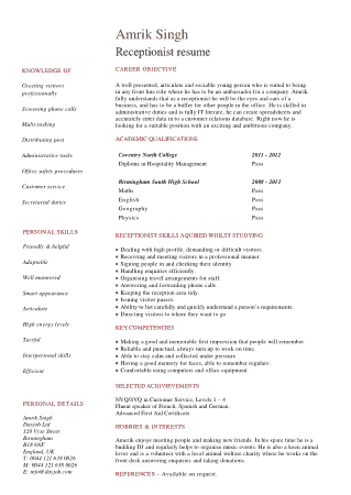 Free Download PDF Books, Student Receptionist Resume Template