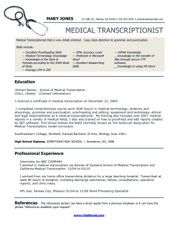 Free Download PDF Books, Medical Transcriptionist Resume Template