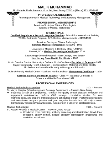 Free Download PDF Books, Professional Medical Technologist Resume Template