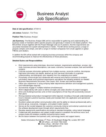 Free Download PDF Books, Business Analyst Job Specification Resume Summary Template