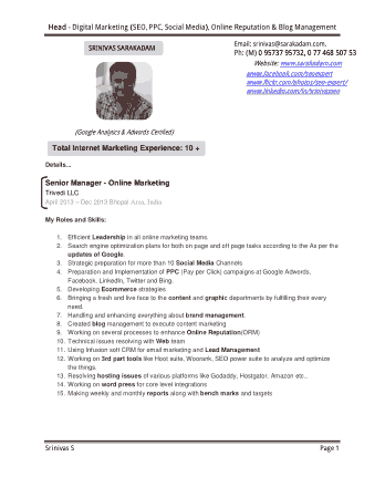 Free Download PDF Books, Digital Marketing Expert Srinivas Sarakadam Resume Template