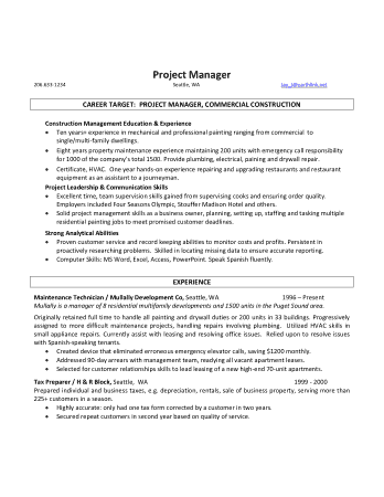 Free Download PDF Books, Commercial Project Manager Resume Template