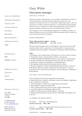 Free Download PDF Books, Manager Work Experience Resume Template