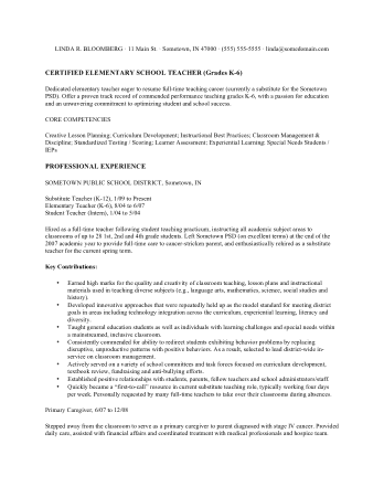 Free Download PDF Books, Experienced Elementary Teacher Resume Template