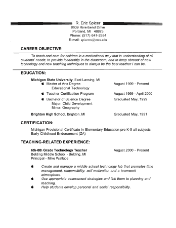 Free Download PDF Books, Teacher Resume Career Objective Example Template