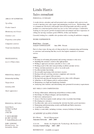 Free Download PDF Books, Sale Consultant Resume Example Template