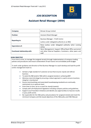 Free Download PDF Books, Retail Management Job Description for Resume Template