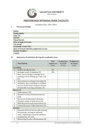 Free Download PDF Books, Faculty Performance Appraisal Form Template