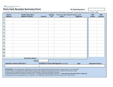 Free Download PDF Books, Petty Cash Receipts Summary Form Excel Template