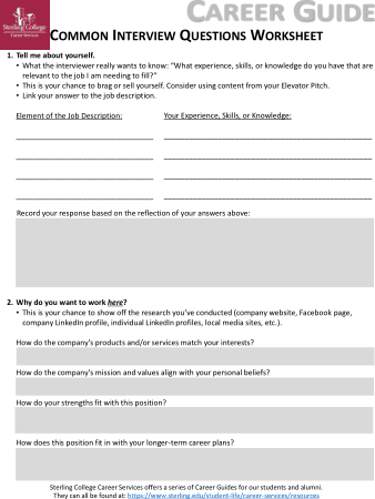 Free Download PDF Books, Common Interview Questions Worksheet Template
