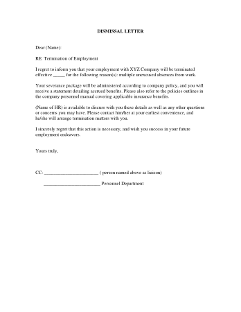 Free Download PDF Books, Employee Termination Letter due to Absence Template