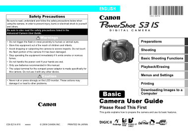 Free Download PDF Books, CANON Camera PowerShot S3 IS Basic User Guide