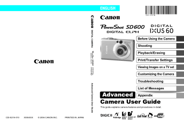 Free Download PDF Books, CANON Camera PowerShot SD600 IXUS60 Advance User Guide