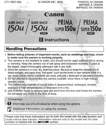 Free Download PDF Books, Digital Camera CANON SURE SHOT 150U Instruction Manual