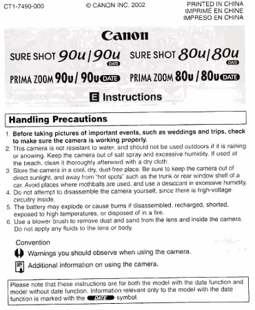 Free Download PDF Books, Digital Camera CANON SURE SHOT 80U 90U Instruction Manual