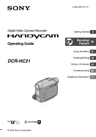 Free Download PDF Books, SONY Digital Video Camera Recorder DCR-HC21 Operation Manual