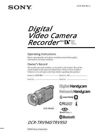 Free Download PDF Books, SONY Digital Video Camera Recorder DCR-TRV940-950 Operating Instructions
