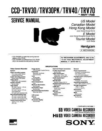 Free Download PDF Books, SONY Video Camera Recorder CCD-TRV30 TRV3OPK TRV40 TRV70 Service Manual