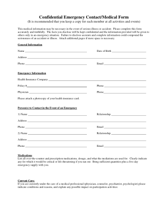 Free PDF Books, Confidential Emergency Contact and Medical Form Template