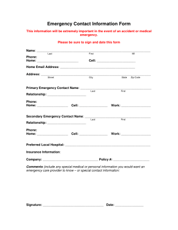 Free Download PDF Books, Emergency Contact Information Form Template