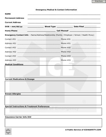 Free Download PDF Books, Emergency Medical and Contact Form Template