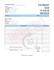 Payment Due 10 Days Invoice Template Word | Excel | PDF