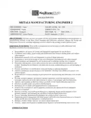 Metal Manufacturing Engineer Job Description Example Template