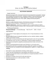 Entry Level Restaurant Manager Template