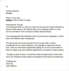 Letter of Intent for a Job Sample Template