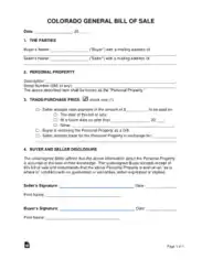 Colorado General Personal Property Bill of Sale Form Template
