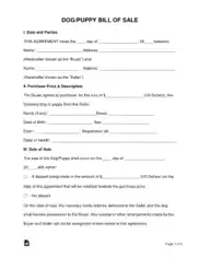 Dog Puppy Bill of Sale Form Template