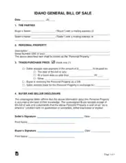 Idaho General Personal Property Bill of Sale Form Template