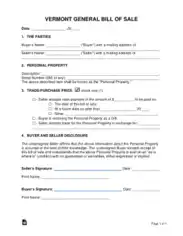 Vermont General Personal Property Bill of Sale Form Template