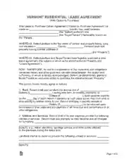 Vermont Residential Lease With Option To Buy Form Template